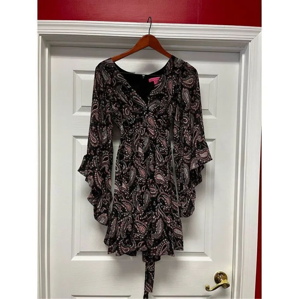 Betsey Johnson Black Gypsy Paisley Print Tie Back Dress sz 4 EUC
